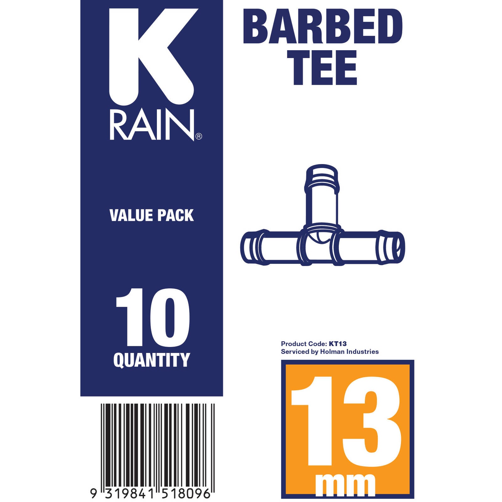 K-Rain 13mm Barbed Tee - 10 Pack Polypropylene