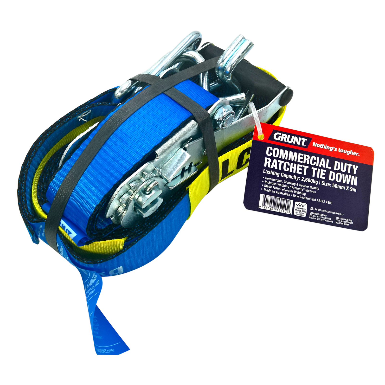 Grunt 50mm x 9m Polyester Ratchet Tie Down with Protecta Sleeve