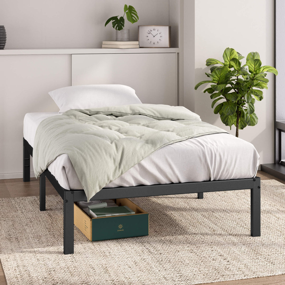 Zinus Elias King Single Metal Bed Frame 35cm - Black Steel, Under-Bed Storage Space - AU-FBMMP1ZC-14B