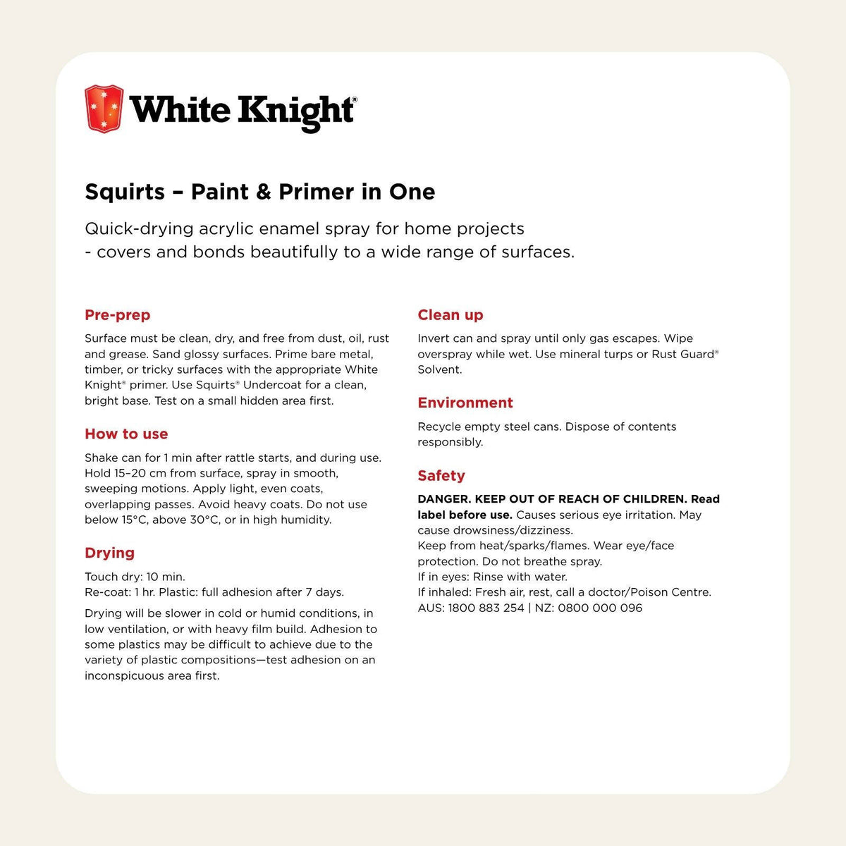White Knight Squirts 310g Black Satin Spray Paint - Indoor/Outdoor