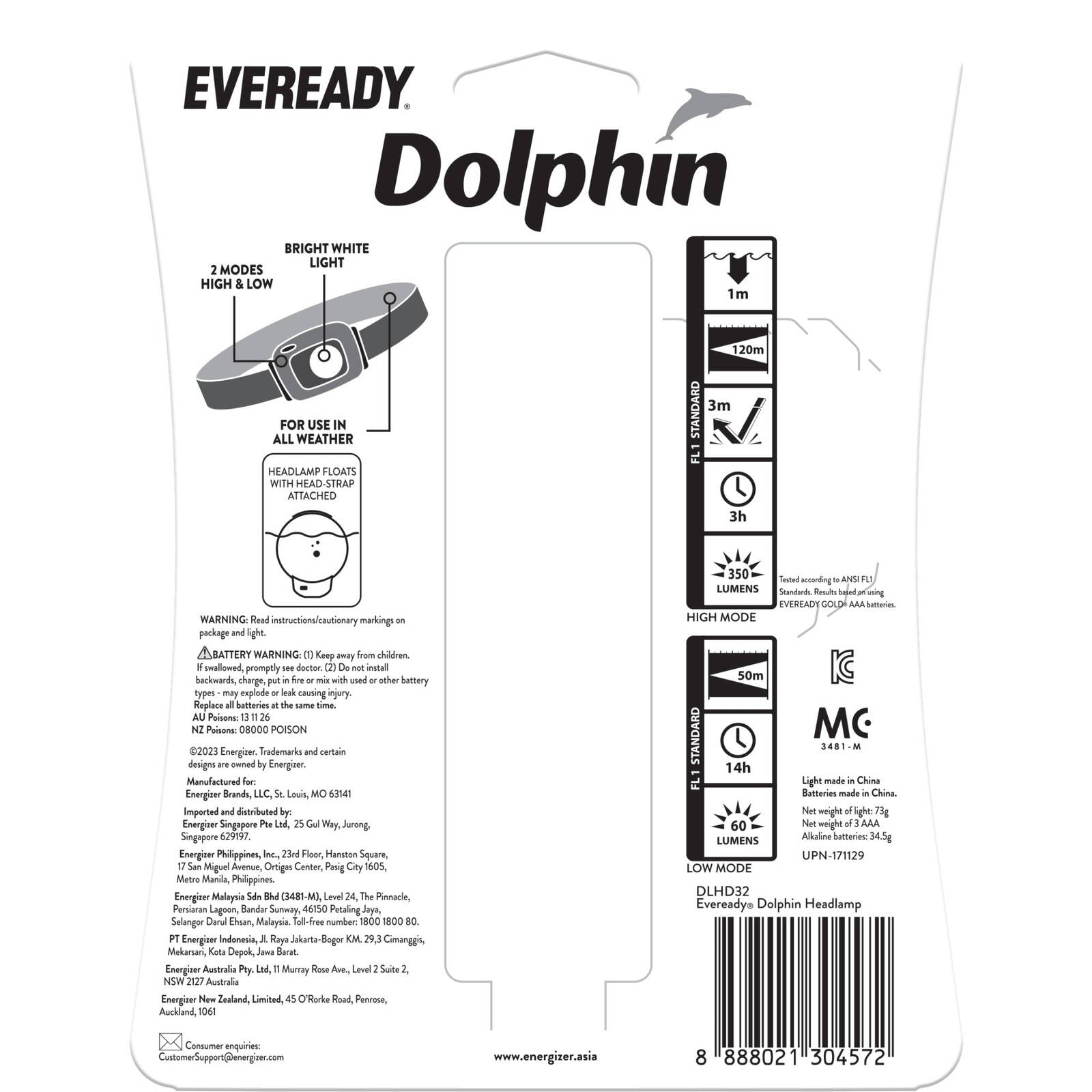 Eveready Dolphin 350 Lumen LED Headlamp DLHD32, Waterproof, Batteries Included