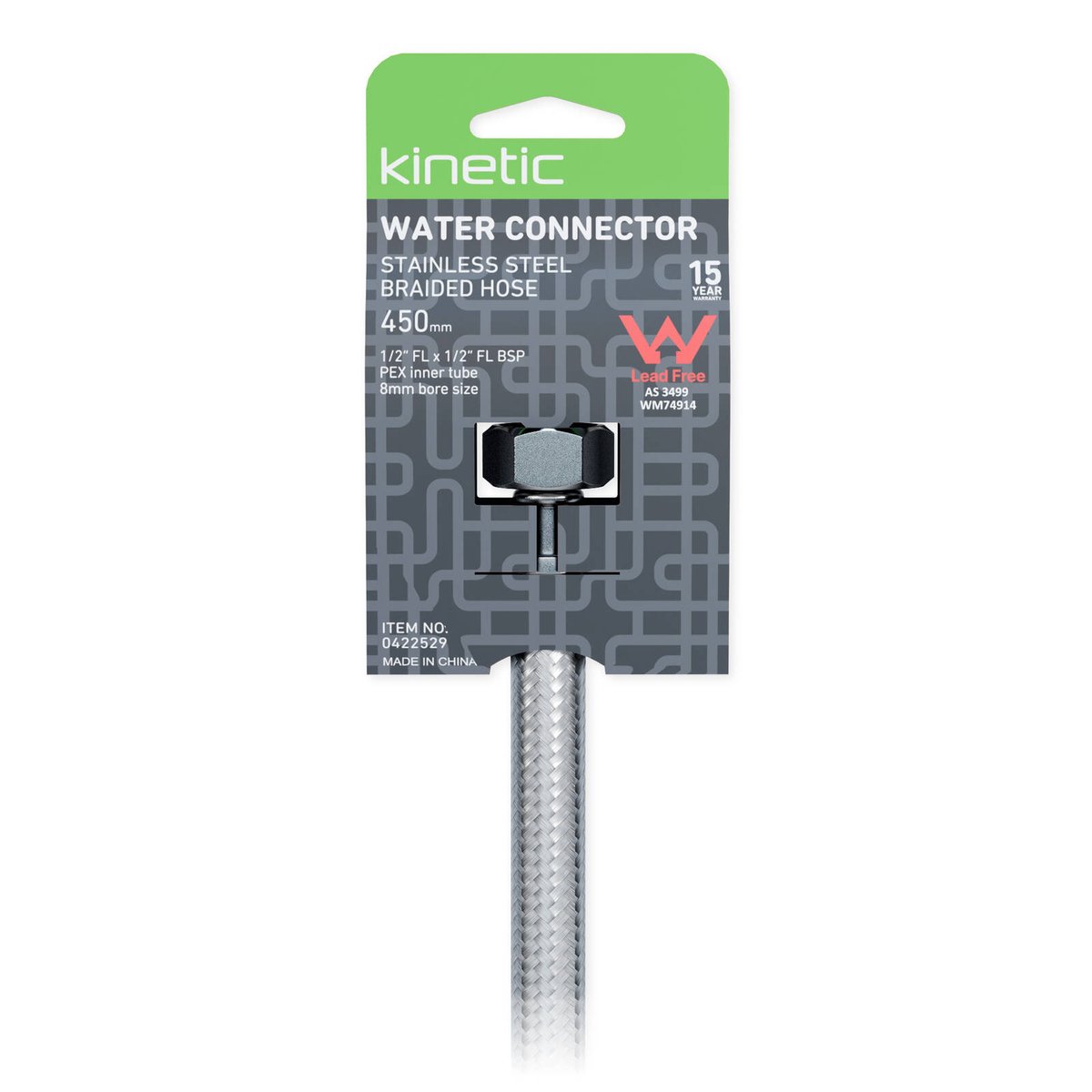 Kinetic 450mm Stainless Steel Flexible Braided Hose Water Connector - Durable Plumbing Fitting - 1/2" BSP Connections - SuperSaverAU - view 2