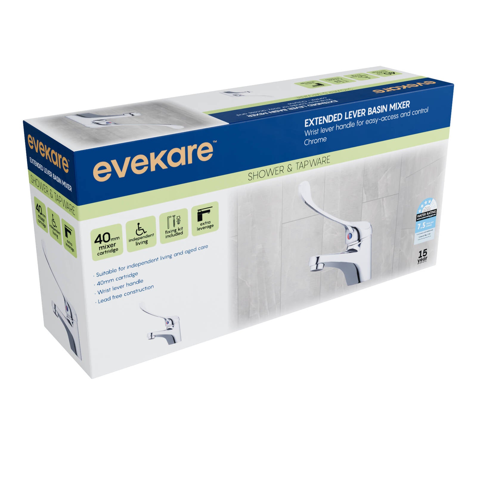 evekare Chrome Extended Wrist Lever Basin Mixer 7.5L/min WELS 4 Star