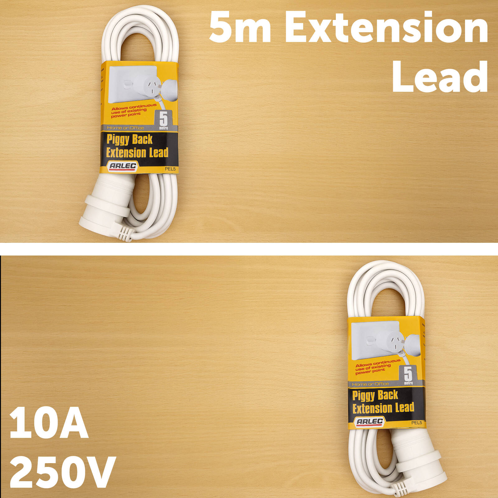 Arlec 5m Piggyback Extension Lead, 10A 2400W, Double Outlet, Indoor/Outdoor, White