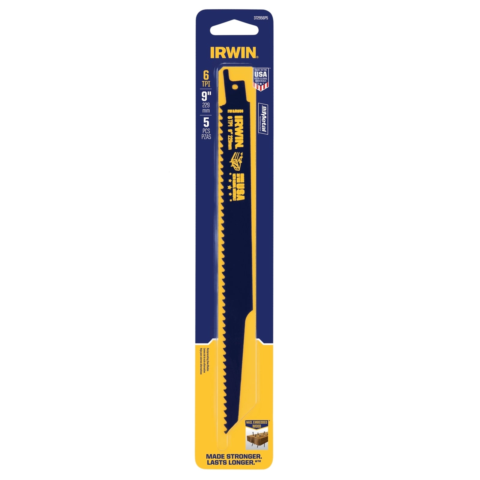 Irwin 9in 6TPI Bi-Metal Wood Cutting Reciprocating Saw Blade 5 Pack