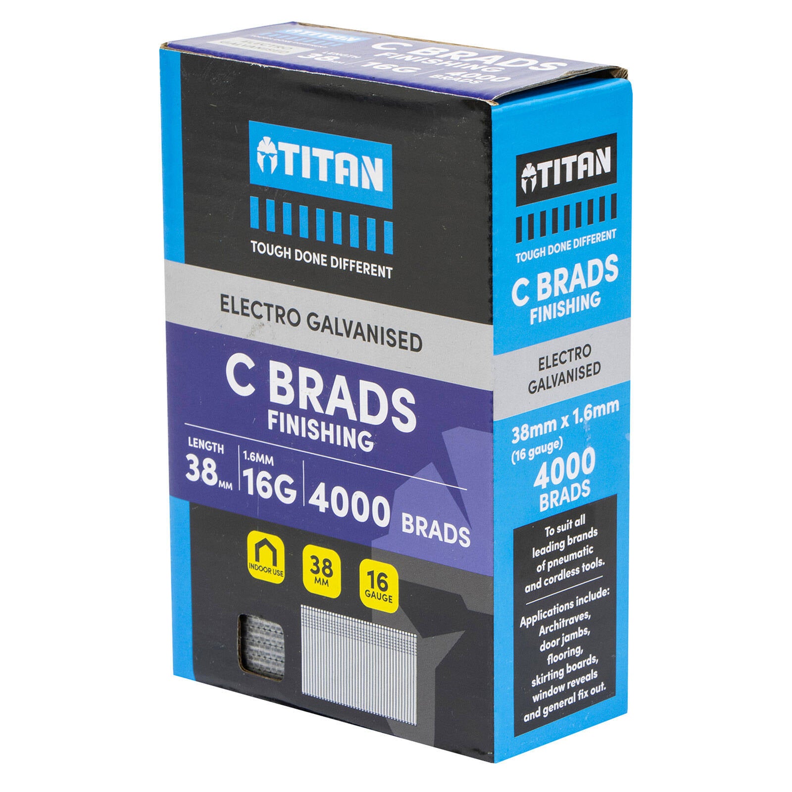 Titan 38 x 1.6mm 16G Electro Galvanised Straight Collated Brad Nails 4000 Pack