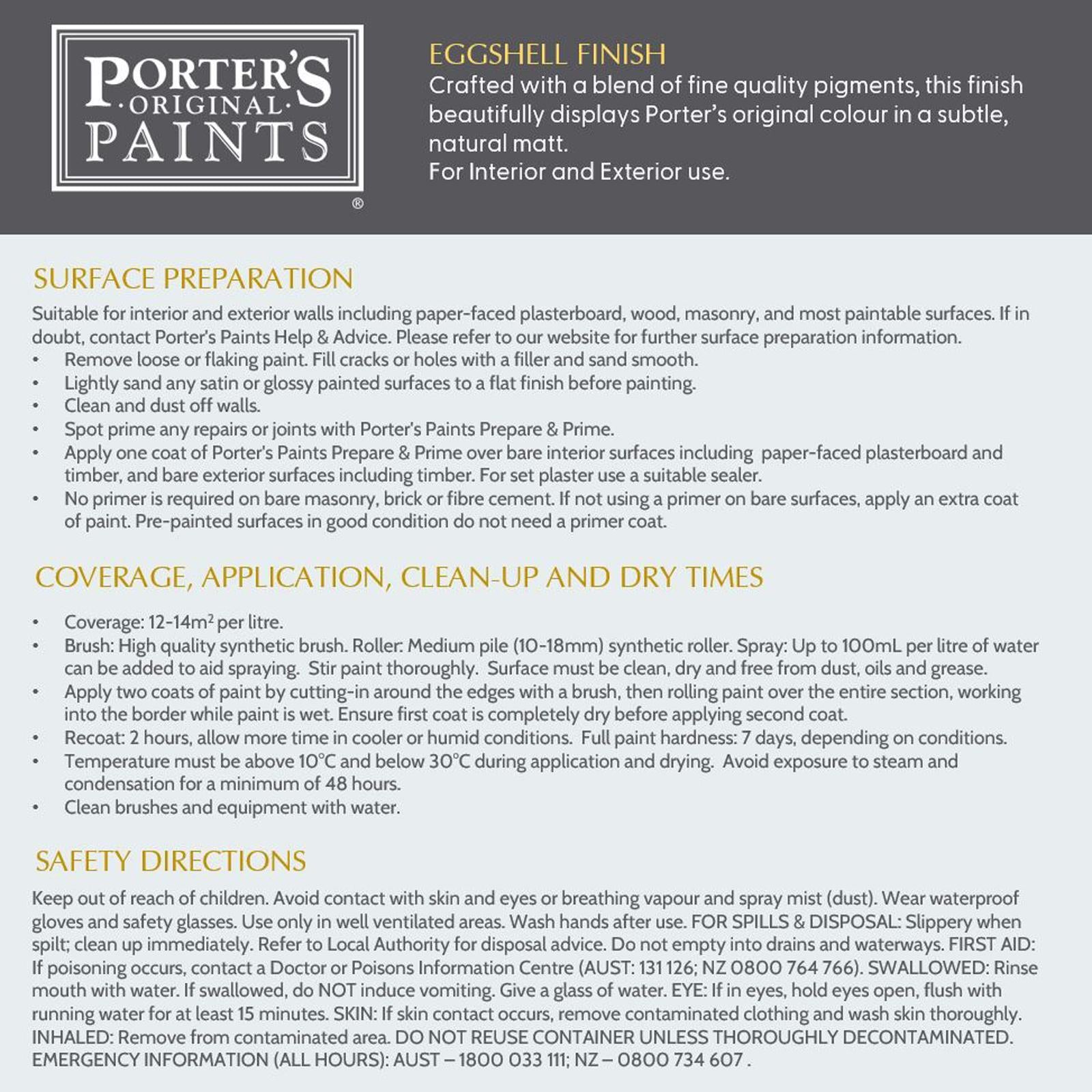 Porter's 2L Squid Ink Eggshell Washable Interior & Exterior Paint