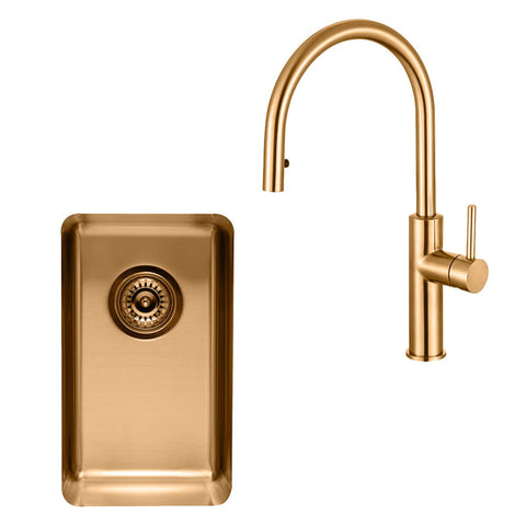 Titan Essentials 285mm Single Bowl Sink and Pull Out Gooseneck Mixer Tap Package - Brass - TSBRPK282
