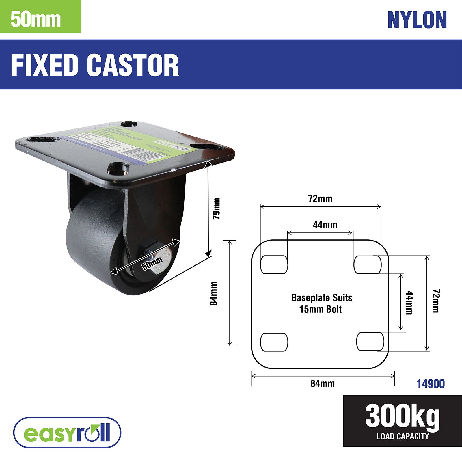 Easyroll 50mm Black Nylon Fixed Machine Castor, 300kg Load