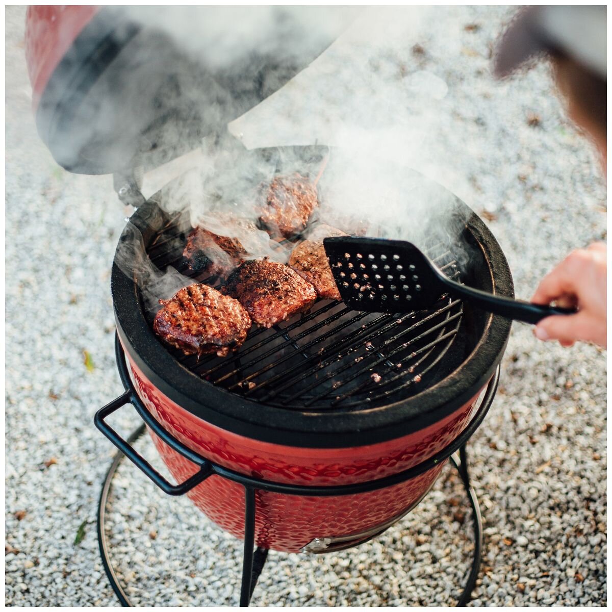 Kamado Joe Joe Jr. Portable Kamado Grill - Red, Cast Iron Stand, Temperature Gauge - KJ13RH