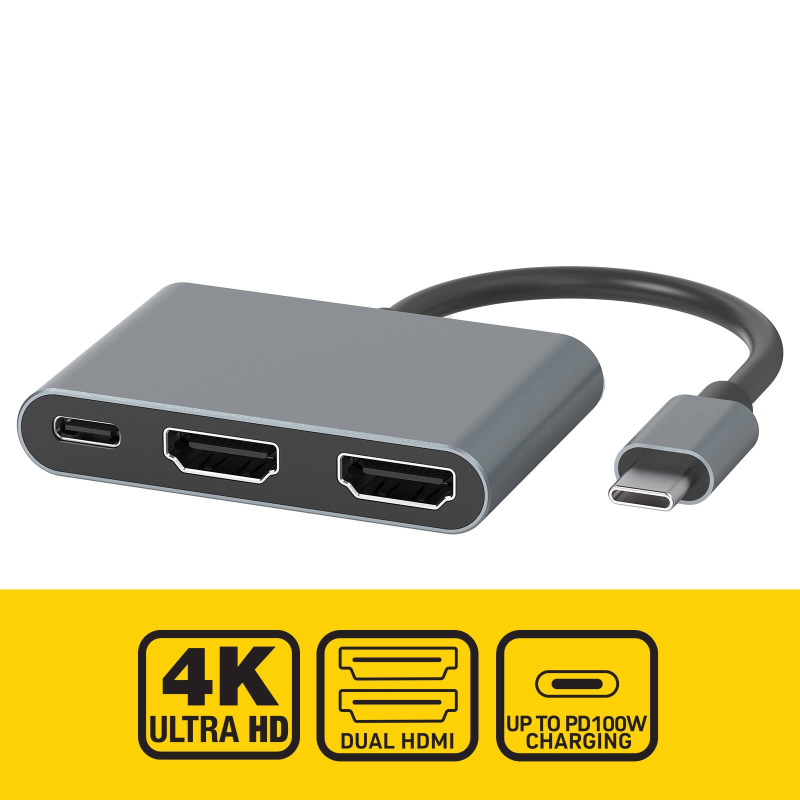 Antsig 3-in-1 USB-C to HDMI Adapter AP580B - Grey Aluminium, Dual HDMI Plus Charging