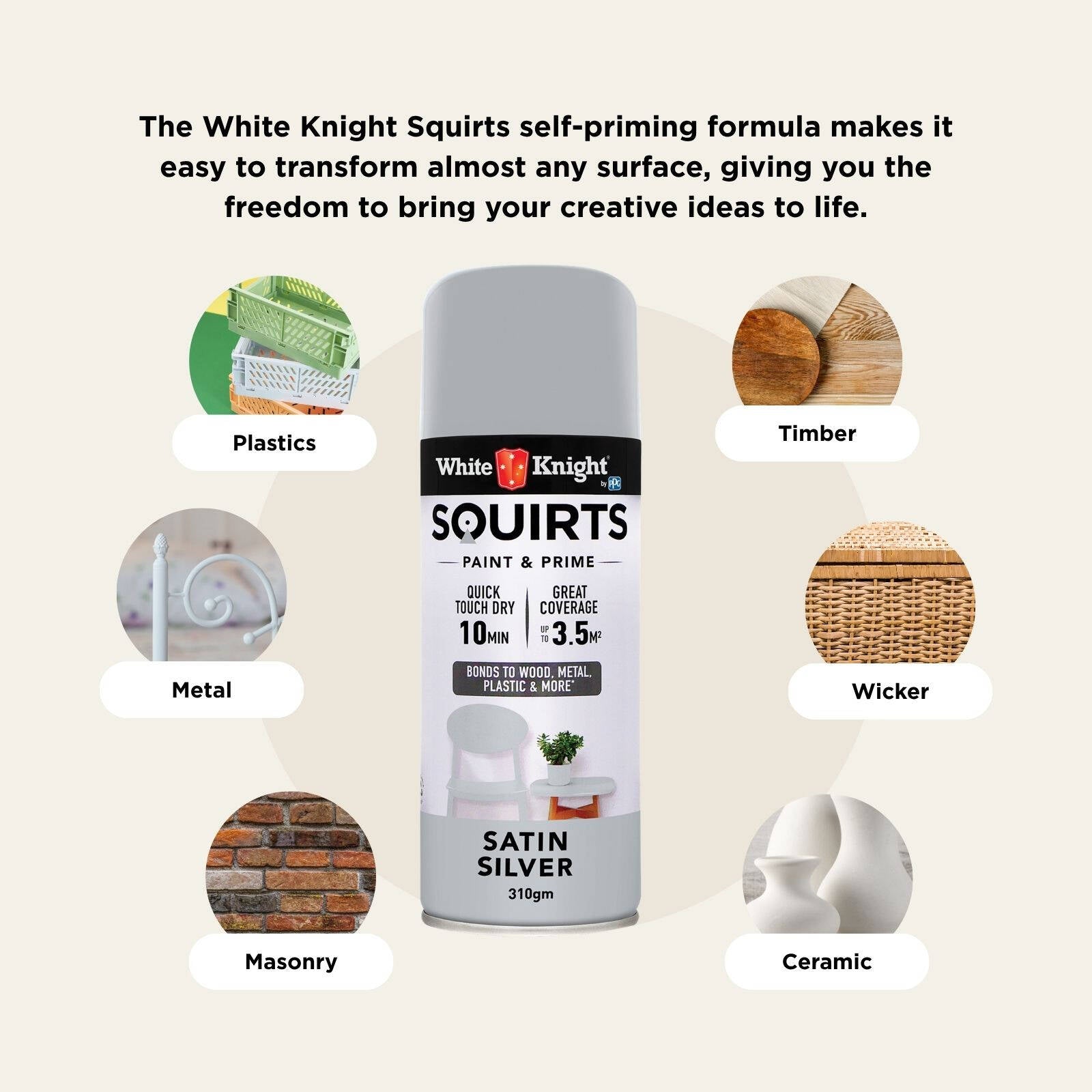 White Knight Squirts 310g Silver Satin Spray Paint - Indoor/Outdoor