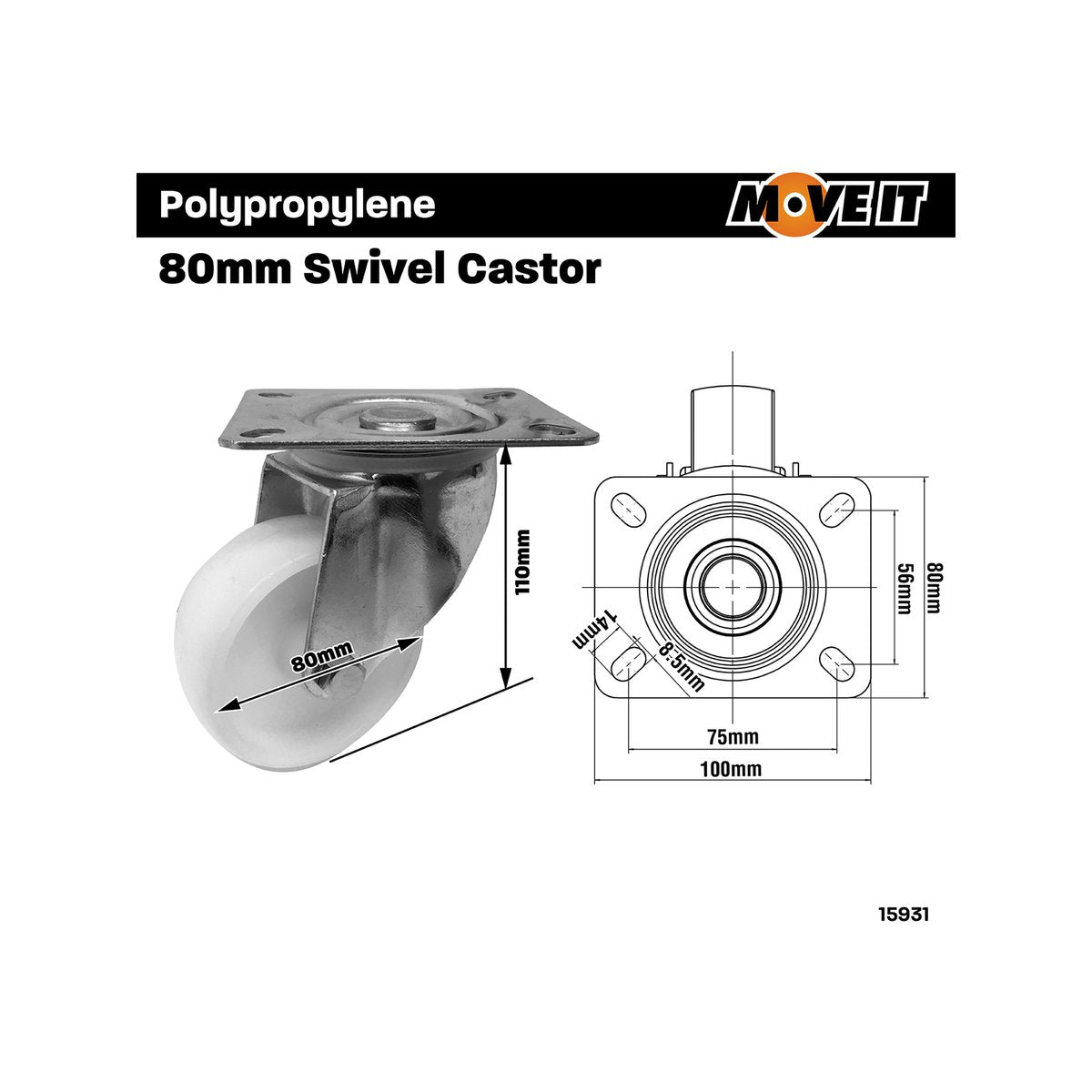 Move It 80mm White Polypropylene Swivel Plate Castor with Brake, Indoor, 120kg