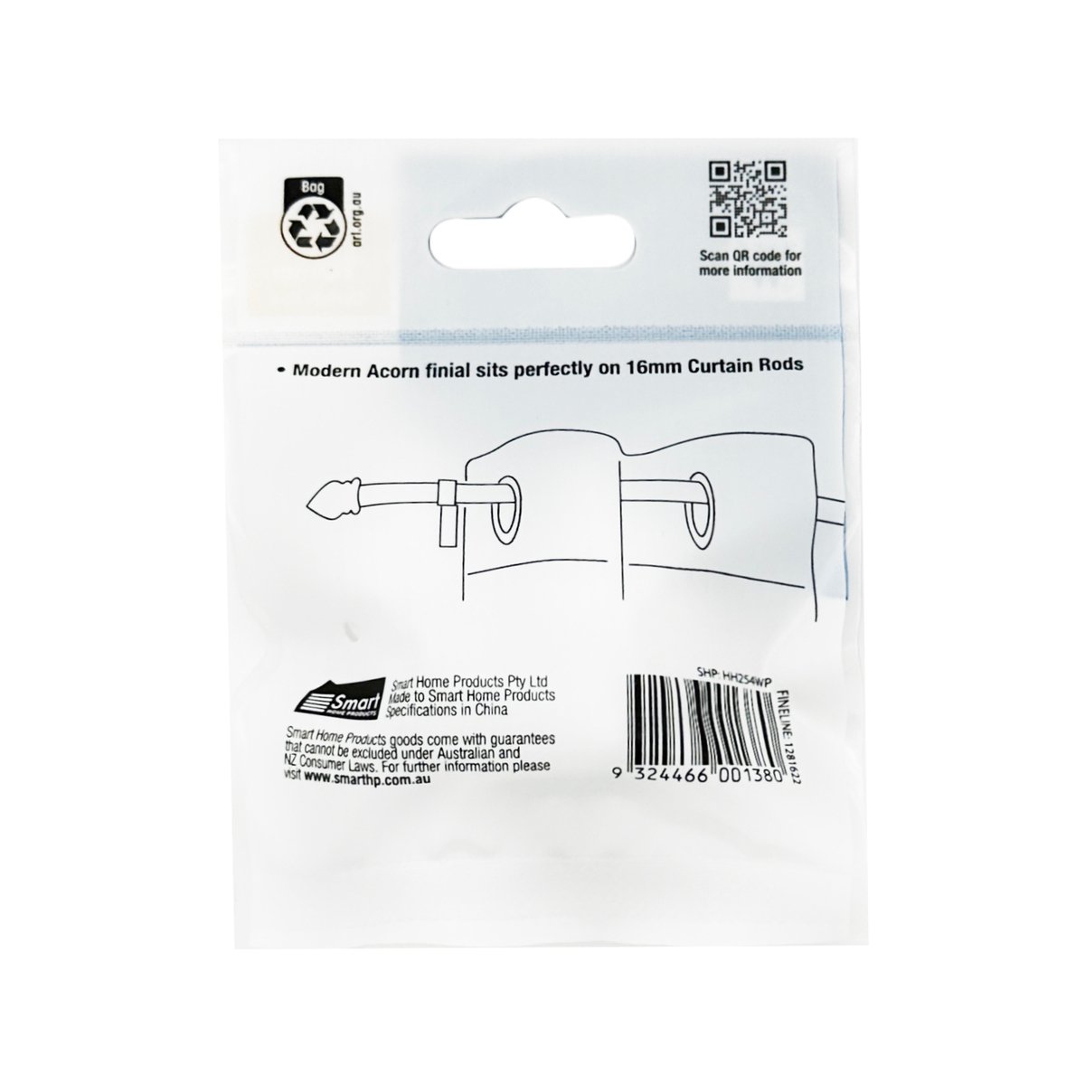 Windoware 16mm White Acorn Plastic Decorative Curtain Rod End - 2 Pack