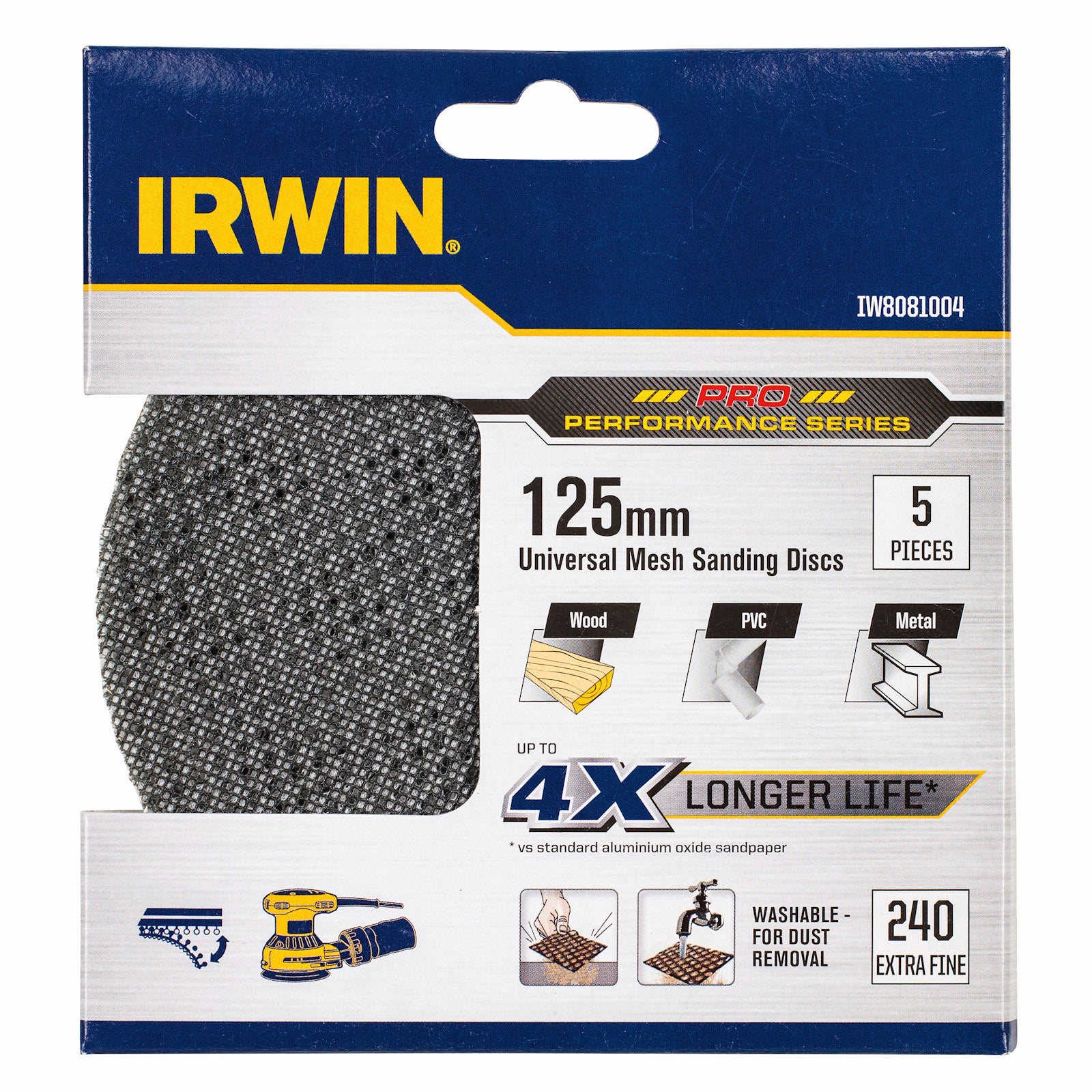 Irwin 125mm 240 Grit Orbital Sanding Disc Mesh Velcro 5 Pack