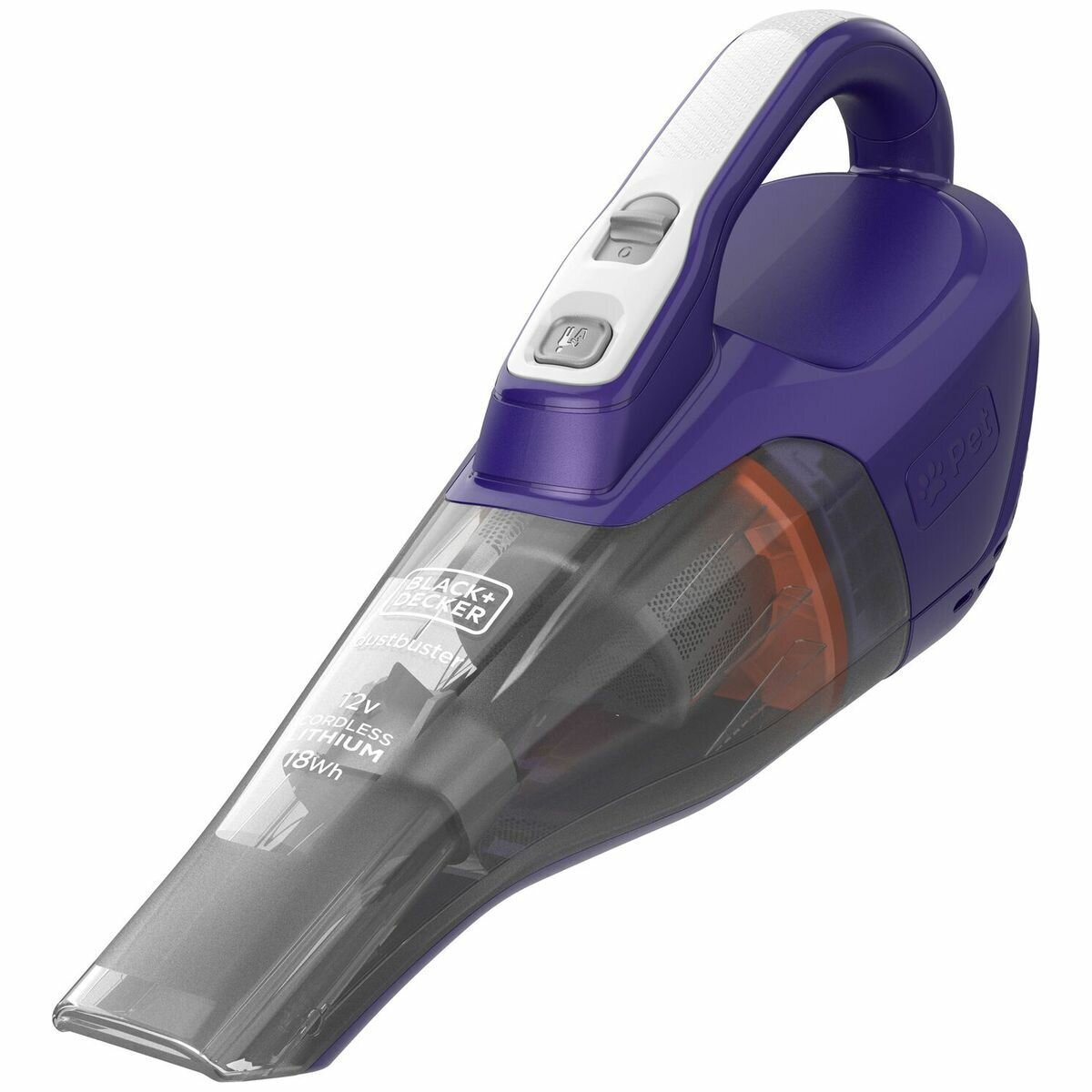 Black & Decker 12V handheld pet vacuum - motorised pet head, 0.4L bagless bowl, Grey and purple - DVB315JP-XE