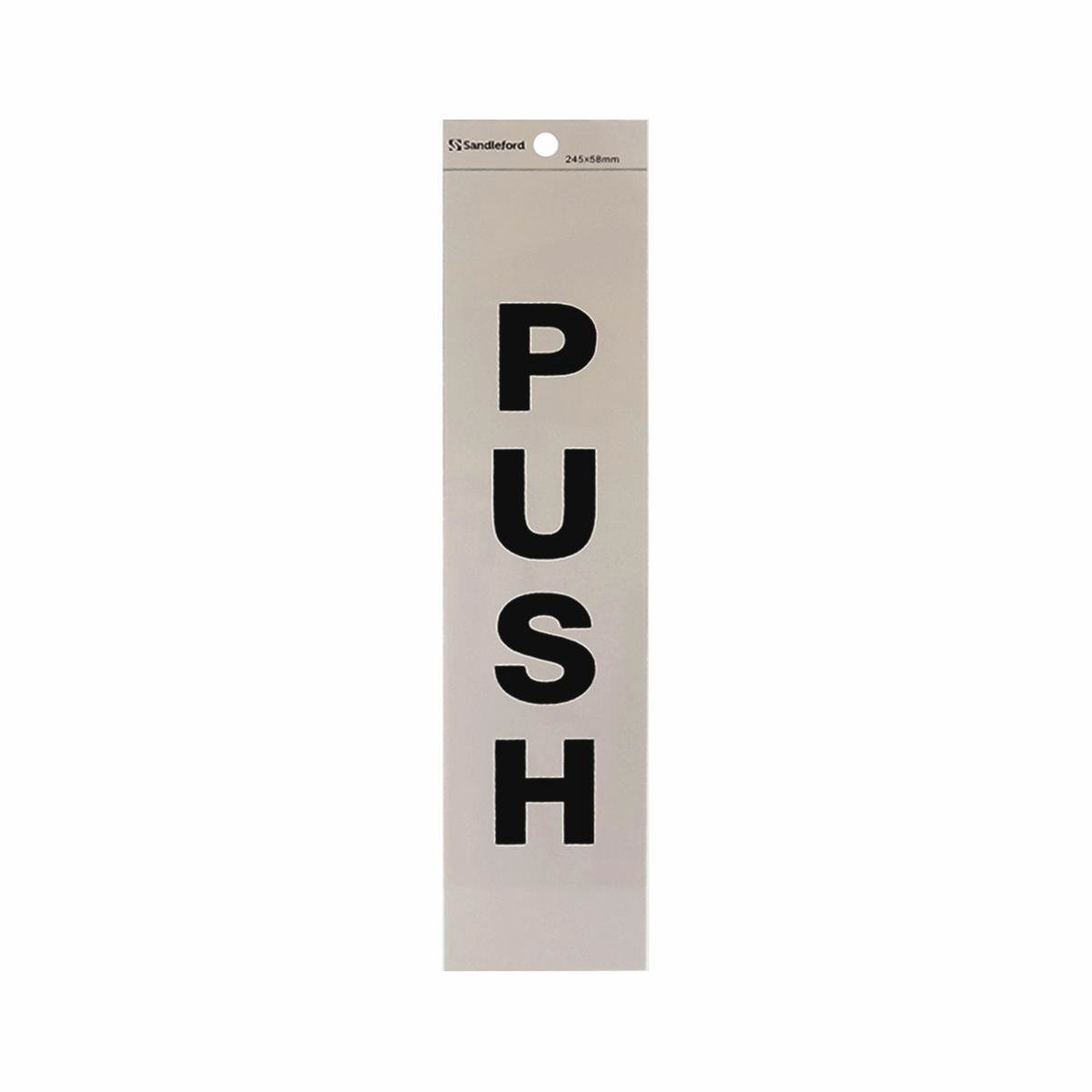 Sandleford 245 x 58mm Push Self Adhesive Sign, Gloss Silver Weather Resistant Polycarbonate