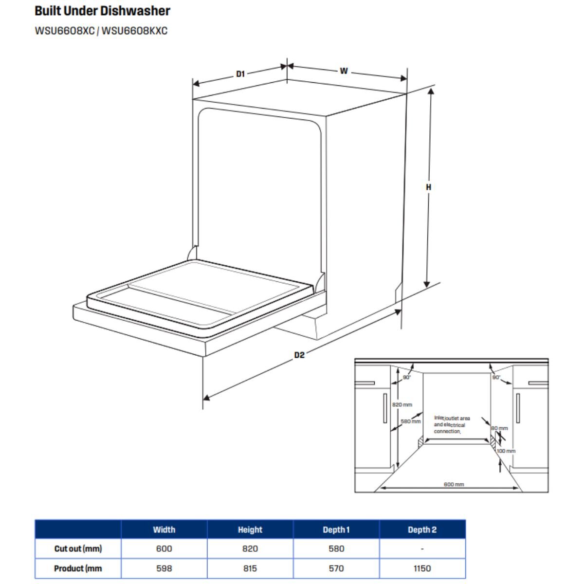 Westinghouse 60cm Underbench Dishwasher 15 Place Settings - Dark Stainless Steel, 10 Programs - WSU6608KXC
