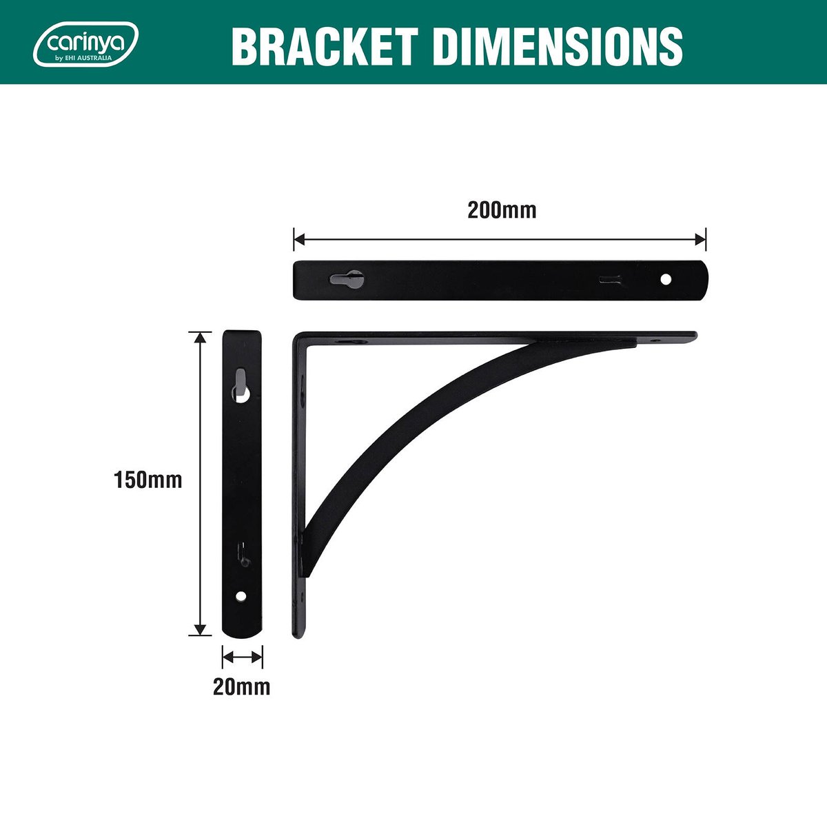 Carinya 200 x 150mm Black Powder Coated Steel Arch Stayed Bracket Wall Mount 60kg Load