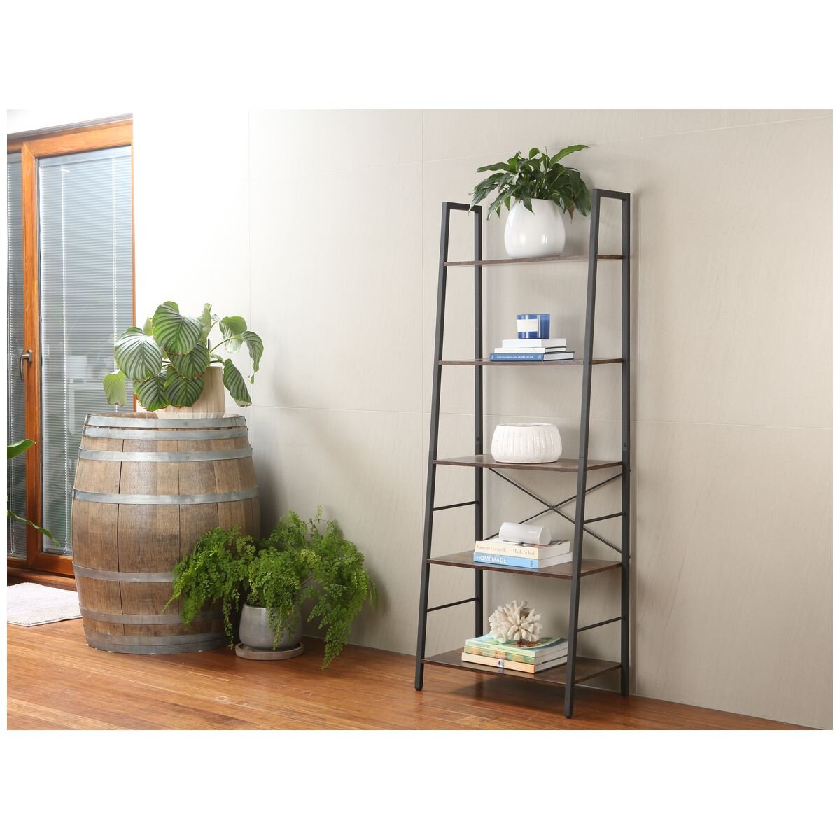 L.T. Williams 5-Tier Book Shelf - Rustic Brown Shelves - Black Steel Frame - 9764