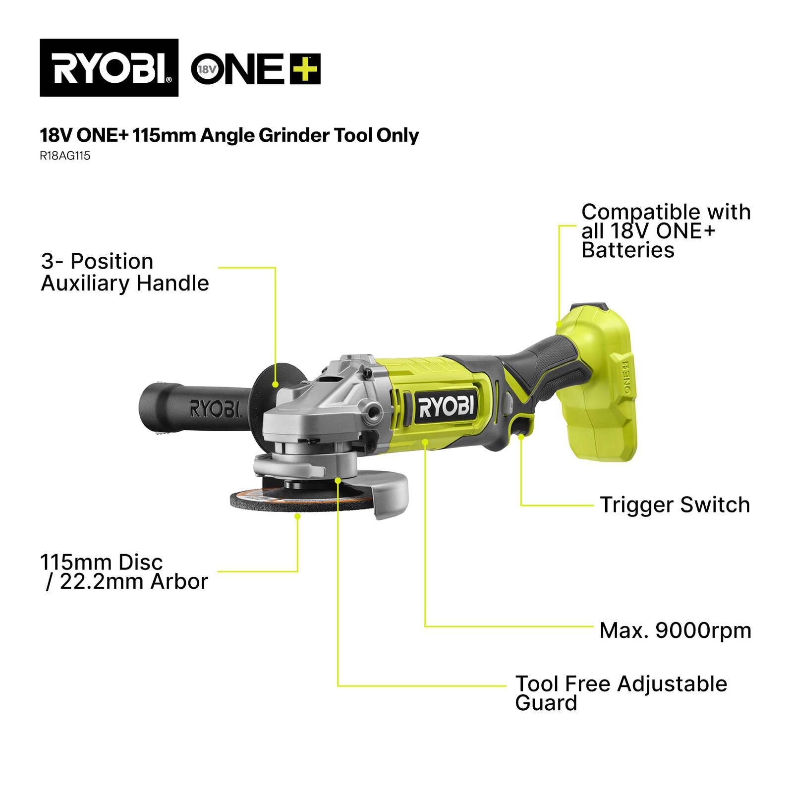 Ryobi 18V ONE+ 115mm Cordless Angle Grinder R18AG115, 9000rpm, Side Handle - Tool Only
