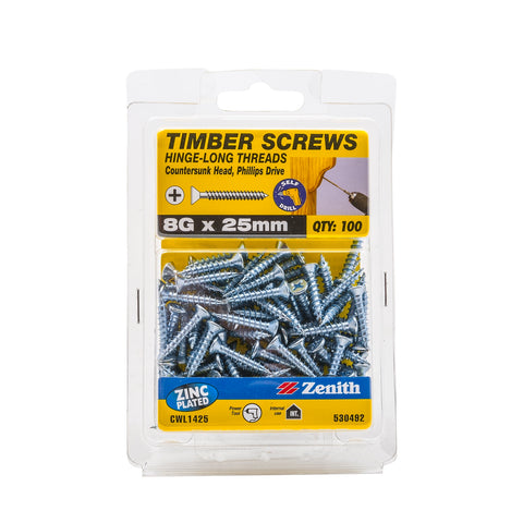 Zenith 8G x 25mm Zinc Plated Countersunk Hinge Timber Screws 100 Pack