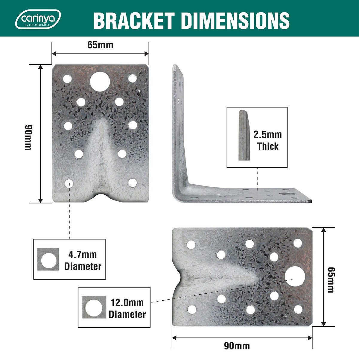 Carinya Galvanised Reinforcing Bracket 90x90x65mm 4 Pack Durable - SuperSaverAU - view 5