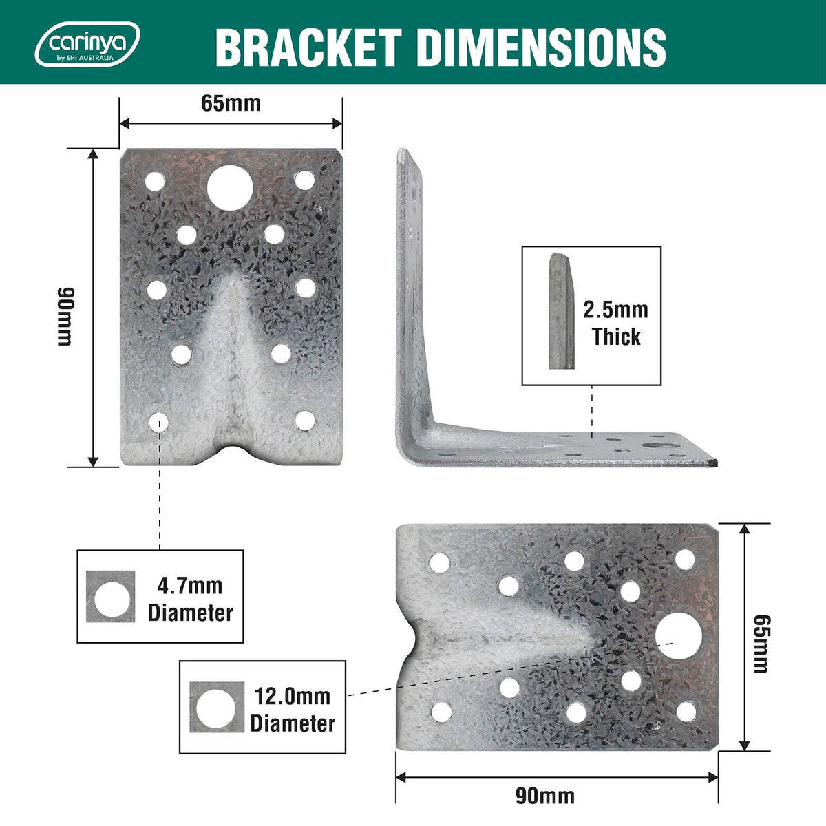 Carinya 90 x 90 x 65 x 2.5mm Galvanised Steel Reinforcing Bracket - 4 Pack