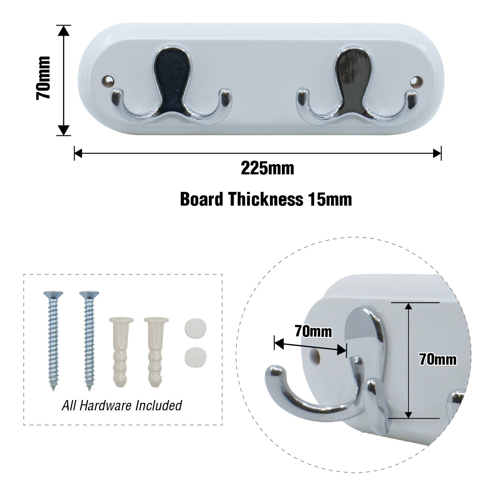 Adoored 2 Double Chrome Hook White Board Decorative Hook Rack, Timber/Steel