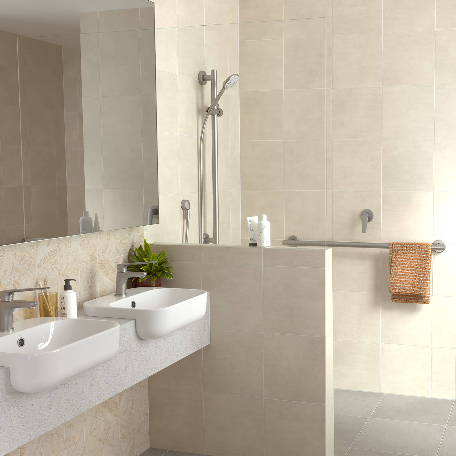 HomeCare by Caroma 900mm Brushed Nickel Rail Shower Set, 9L/min 3 Star WELS