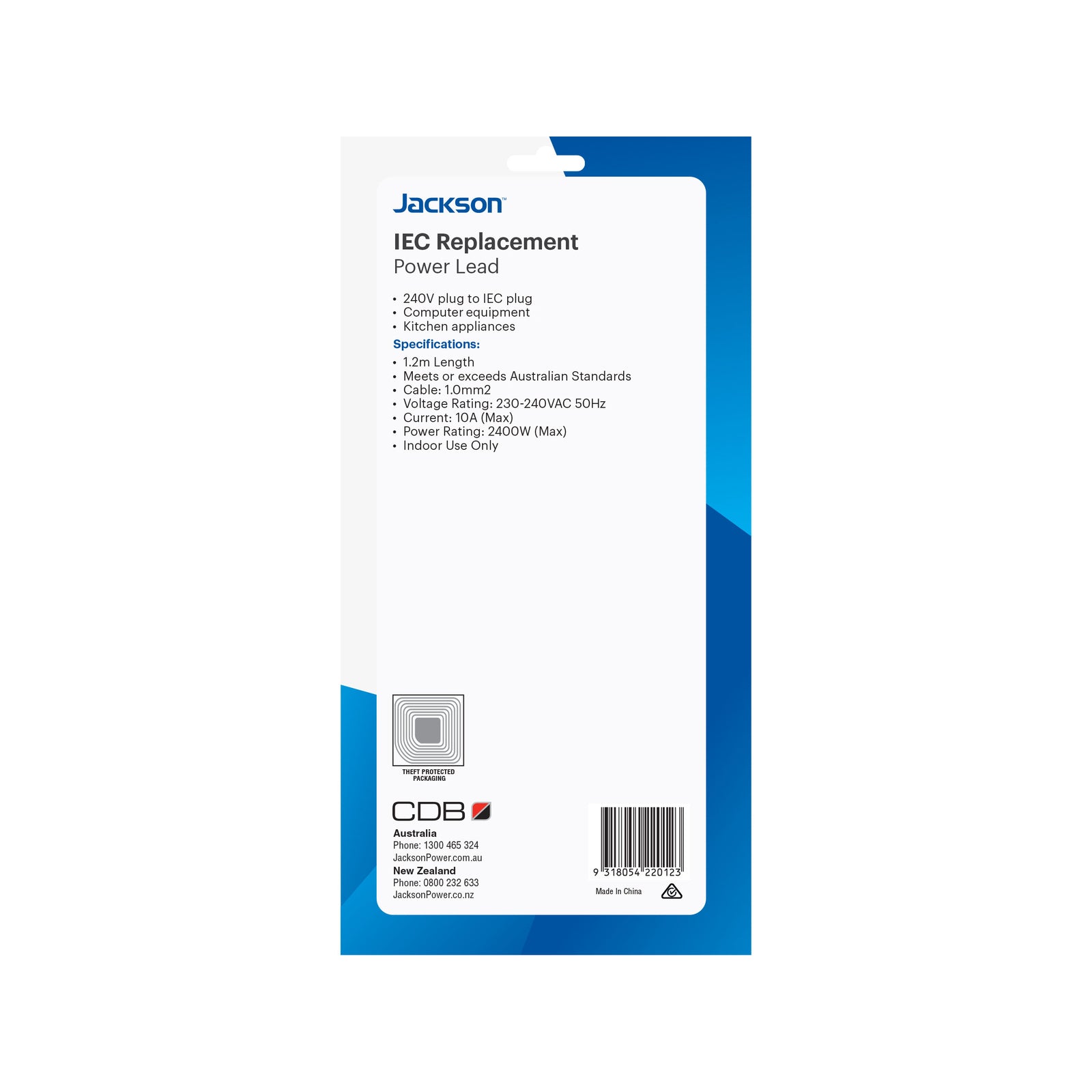 Jackson 1.2m Replacement IEC Lead, 3-Pin to IEC, 250V, Black