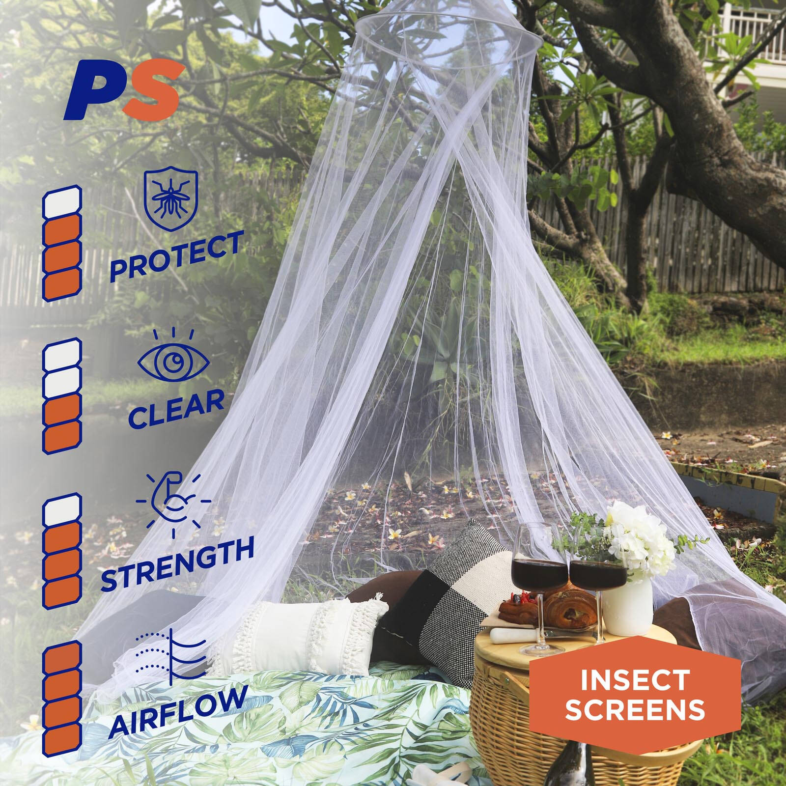 Permastik 2.3m x 2.75m White Mosquito Bed Net Kit - Polyester with Ceiling Hook