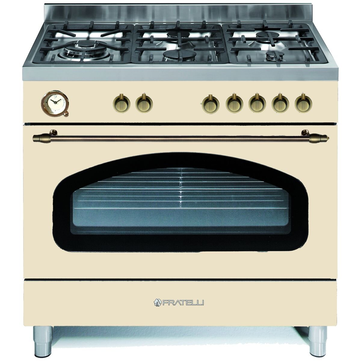 Fratelli Venezia 90cm dual fuel freestanding oven - Ivory with brass trim, 100L, wok burner - VE29650FEMIVO