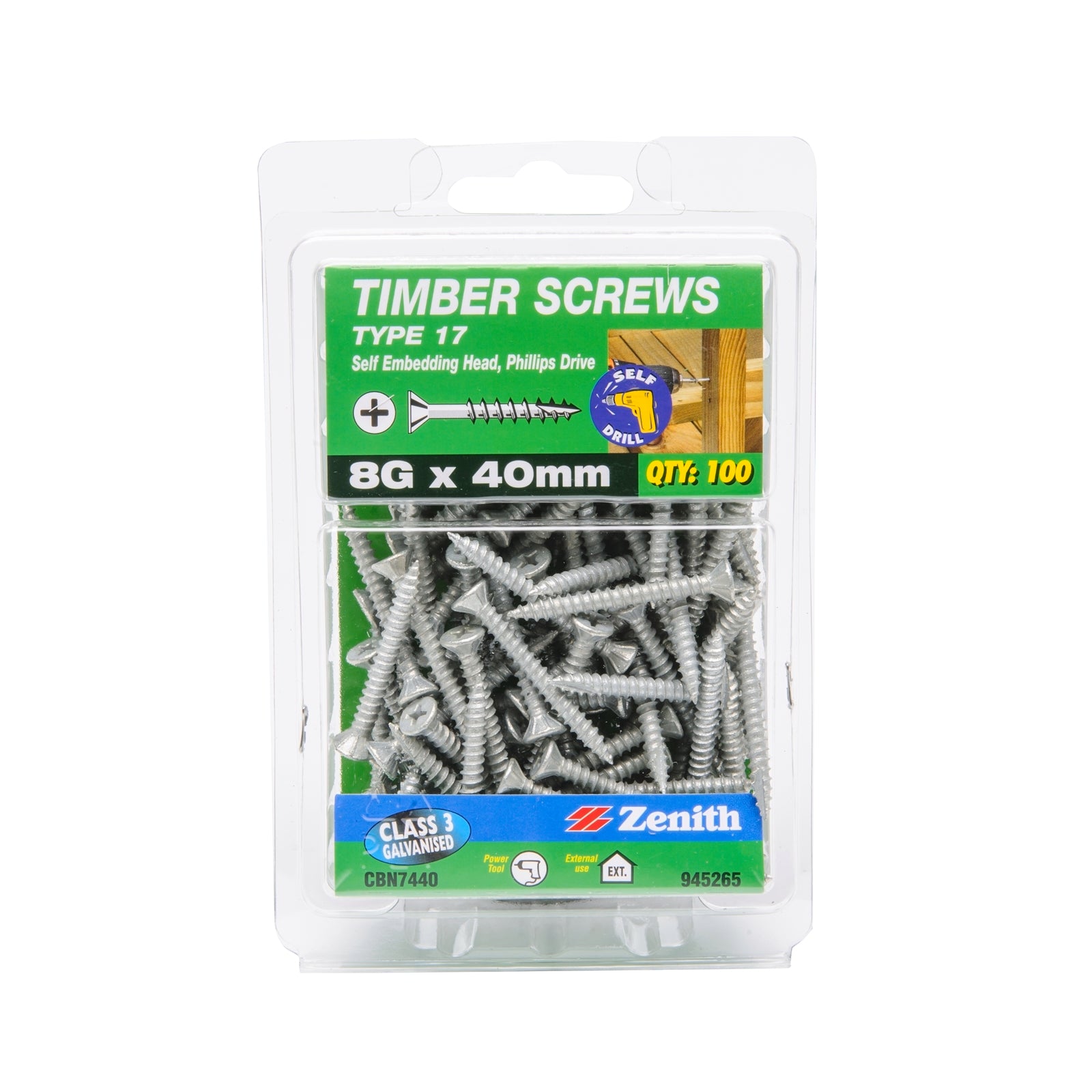 Zenith 8G x 40mm Galvanised Type 17 Self Embedding Head Timber Screws - 100 Pack