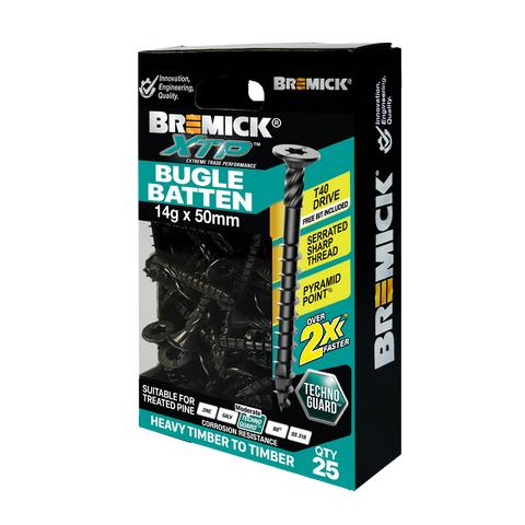 Bremick XTP 14g x 50mm Carbon Steel T40 Bugle Batten Screws Technoguard Black 25 Pack