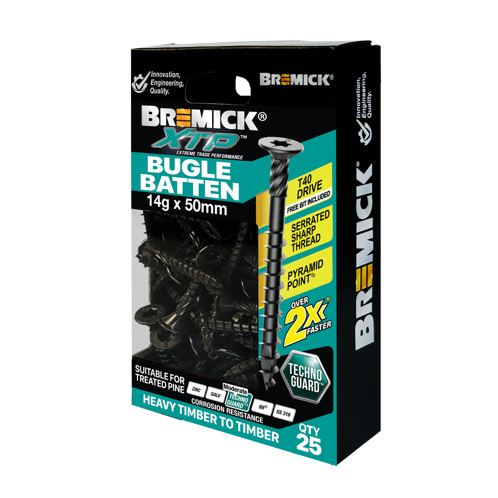 Bremick XTP 14g x 50mm Carbon Steel T40 Bugle Batten Screws Technoguard Black 25 Pack