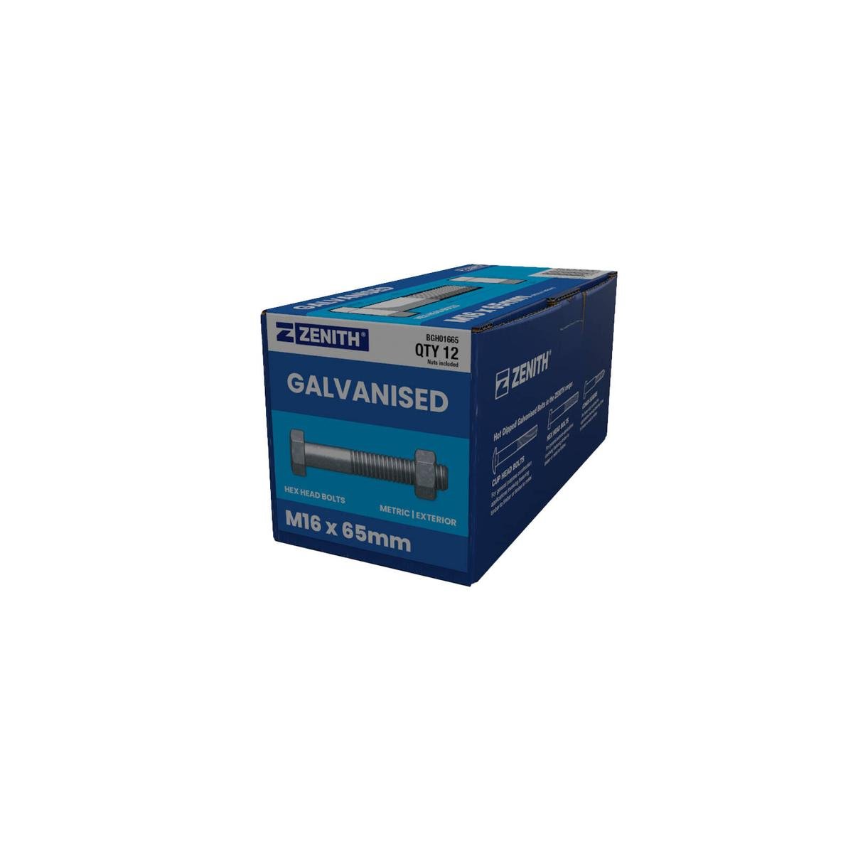 Zenith M16 x 65mm Hot Dip Galvanised Hex Head Bolts and Nuts 12 Pack - SuperSaverAU - view 1