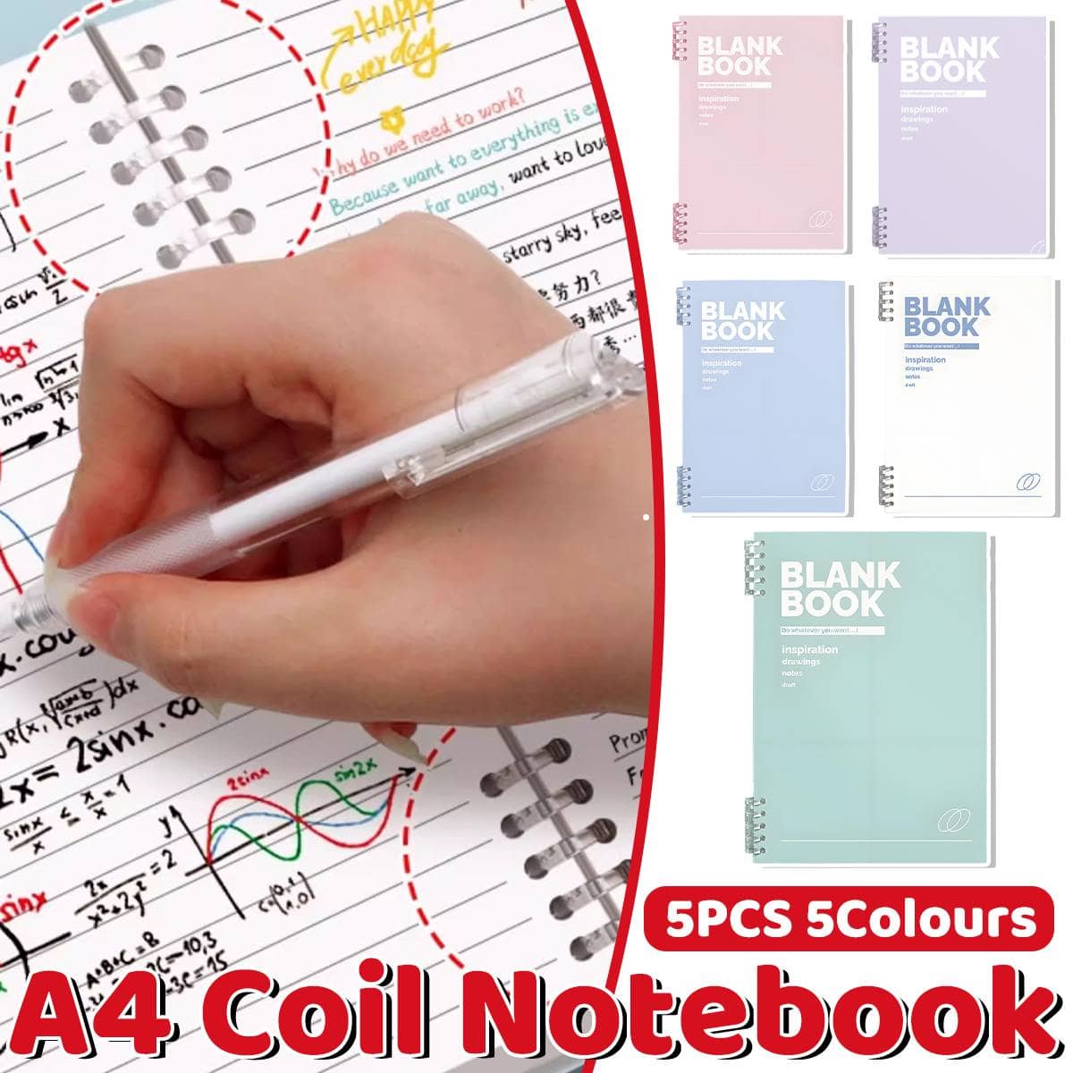 A4 Blank Coil Notebooks Set of 5 Colours Soft Cover 60 Sheets Each