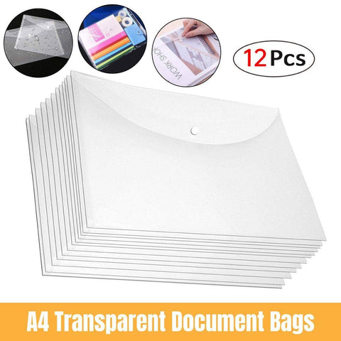 A4 Clear Document Bags with Button Closure, PP Plastic - Pack of 12
