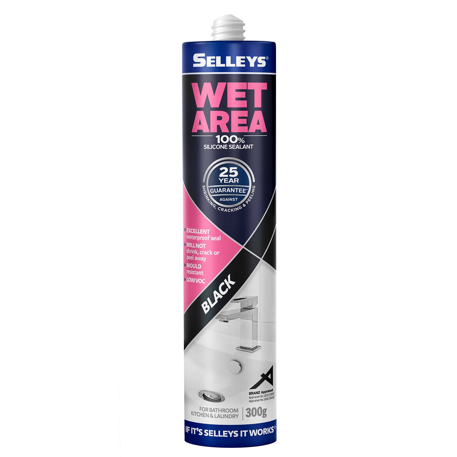 Selleys Wet Area Waterproof Silicone Sealant 300g Black - For Bathrooms, Kitchens & Laundries