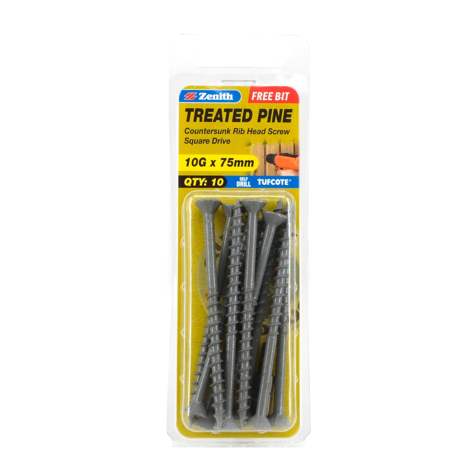 Zenith 10G x 75mm Tufcote Countersunk Rib Head Treated Pine Screws 10 Pack