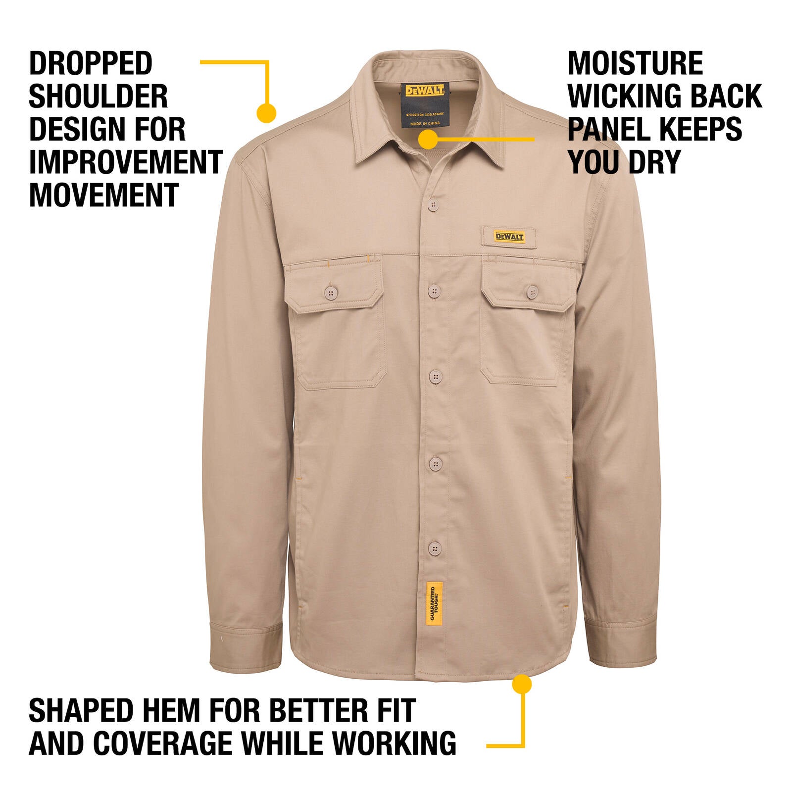 DeWALT Granite Long Sleeve Button Up Work Shirt - Khaki, Size XL, 97% Cotton