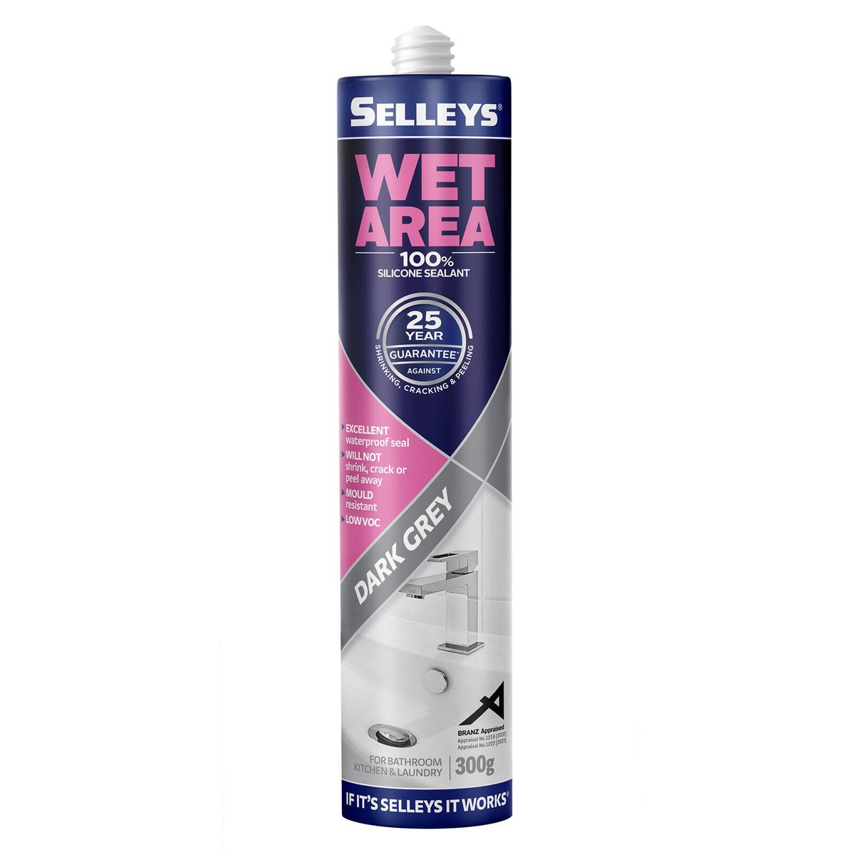 Selleys Wet Area Waterproof Silicone Sealant 300g Dark Grey - For Bathrooms, Kitchens & Laundries