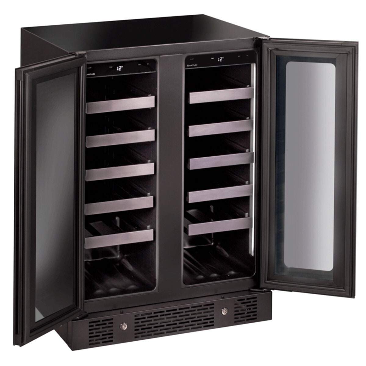 Artusi 36 bottle dual zone wine fridge - matte black, side by side doors, touch controls - AWC36BV