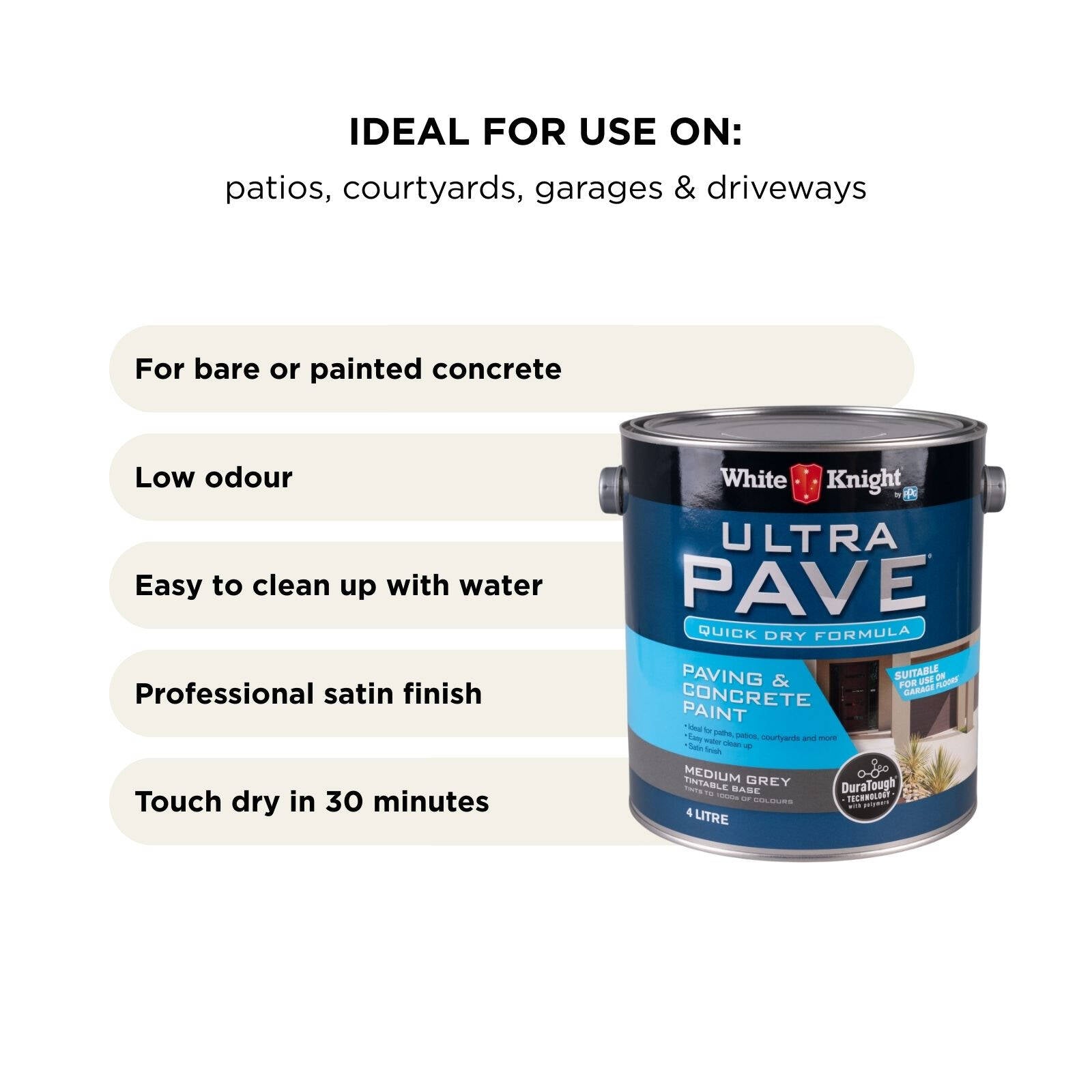 White Knight Ultra Pave 4L Medium Grey Quick Dry Paving & Concrete Paint - Water Based, UV Resistant, Recoat 2hrs