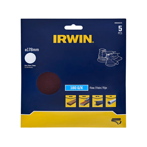 IRWIN 178mm 180 Grit No Holes Quick Fit Random Orbital Sanding Discs - 5 Pack