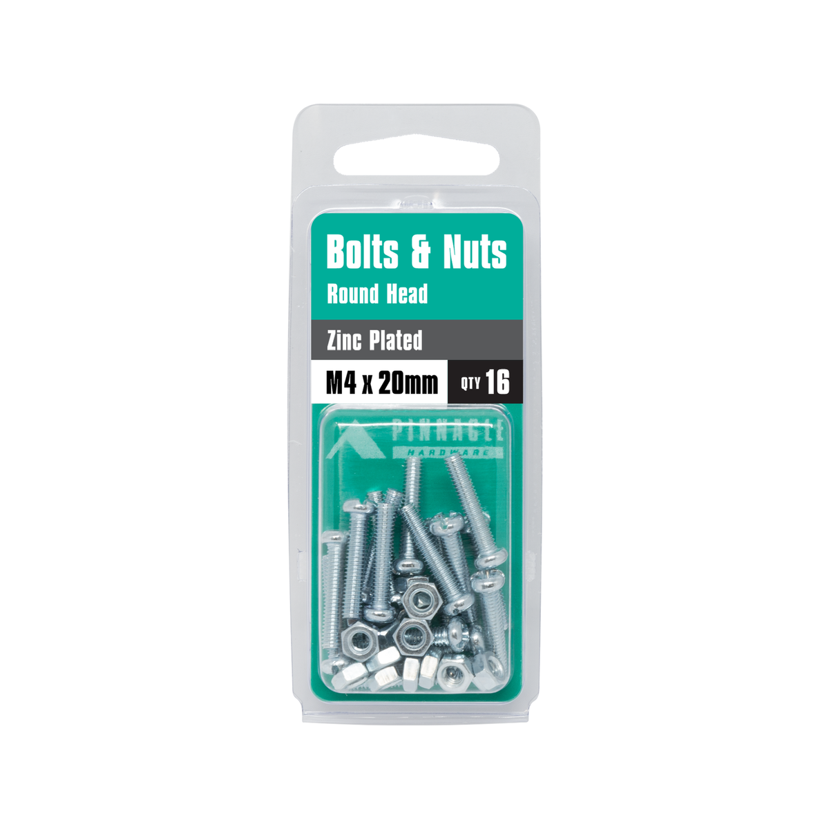Pinnacle M4 x 20mm Zinc Plated Round Head Bolts and Nuts - 16 Pack