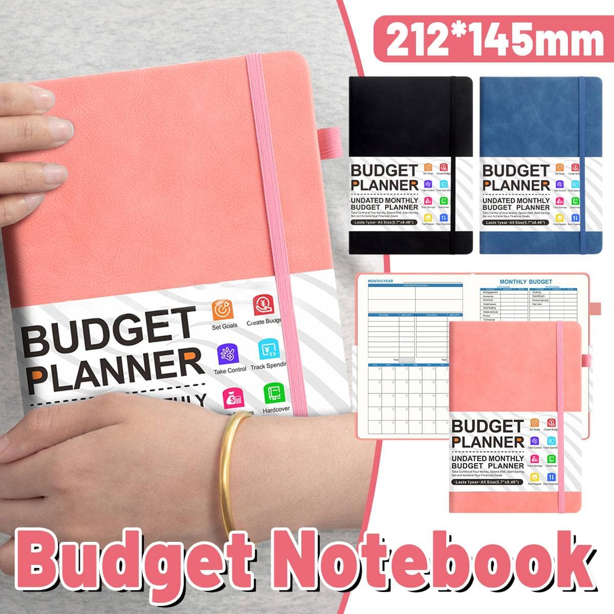 A5 Undated Monthly Budget Planner Hardcover Notebook - Black - view 2