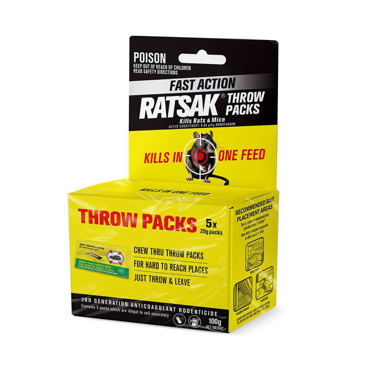 Ratsak Fast Action Throw Packs 100g (5 x 20g Sachets) Indoor Rat & Mouse Bait