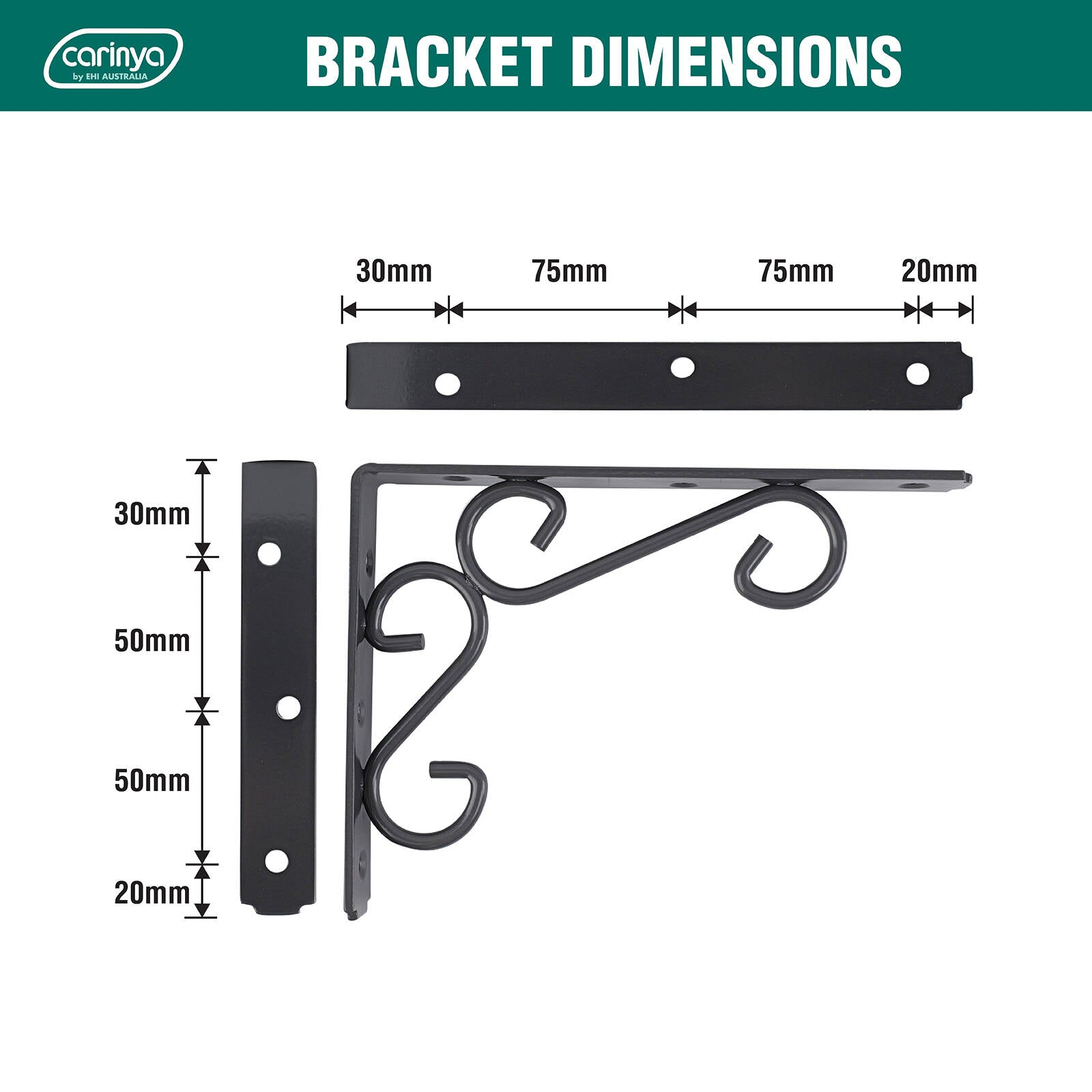 Carinya 200 x 150mm Dark Grey Powder Coated Steel Scroll Stayed Bracket 200kg